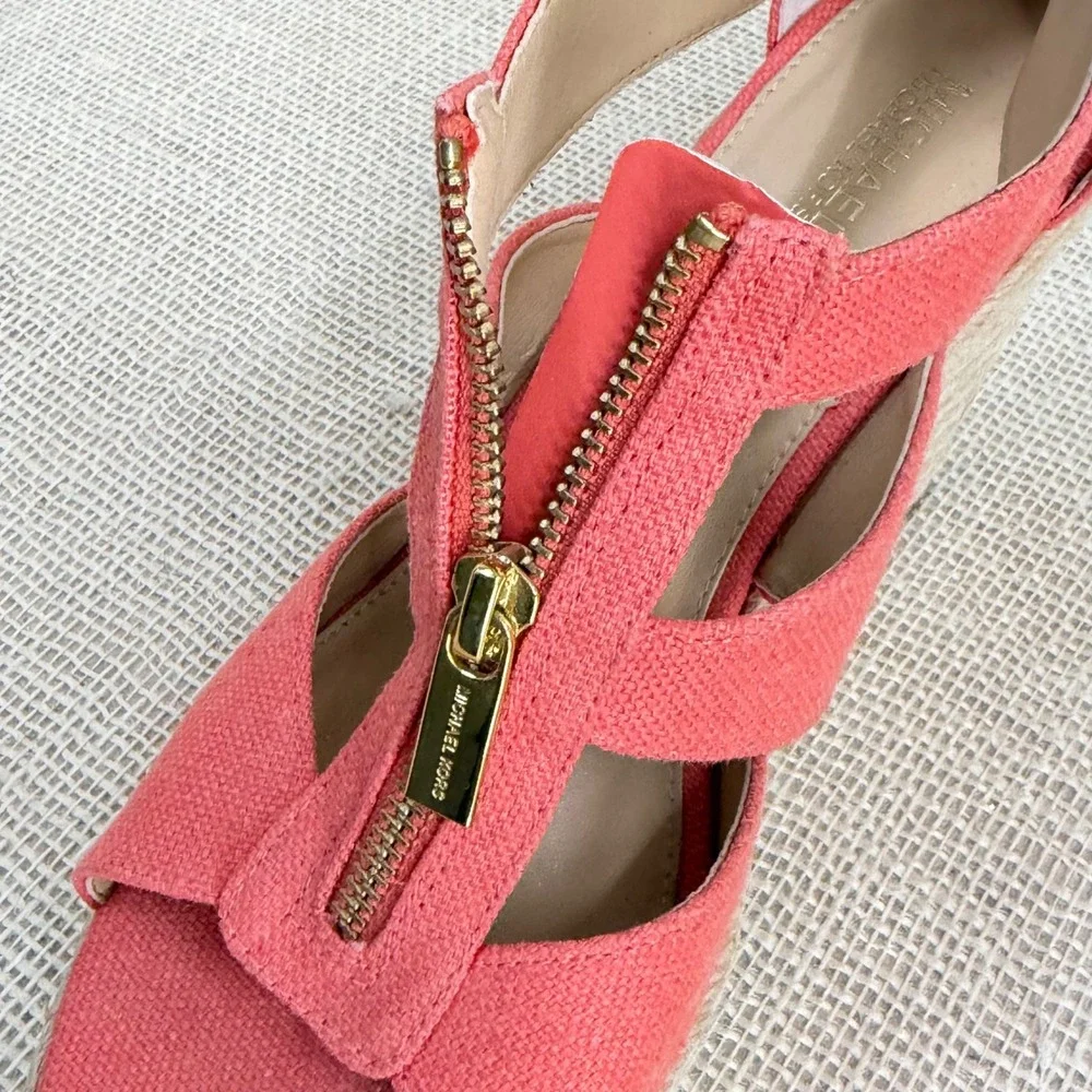 Michael Michael Kors Damita Coral Pink Canvas Espadrille Wedge Sandals Size 8M